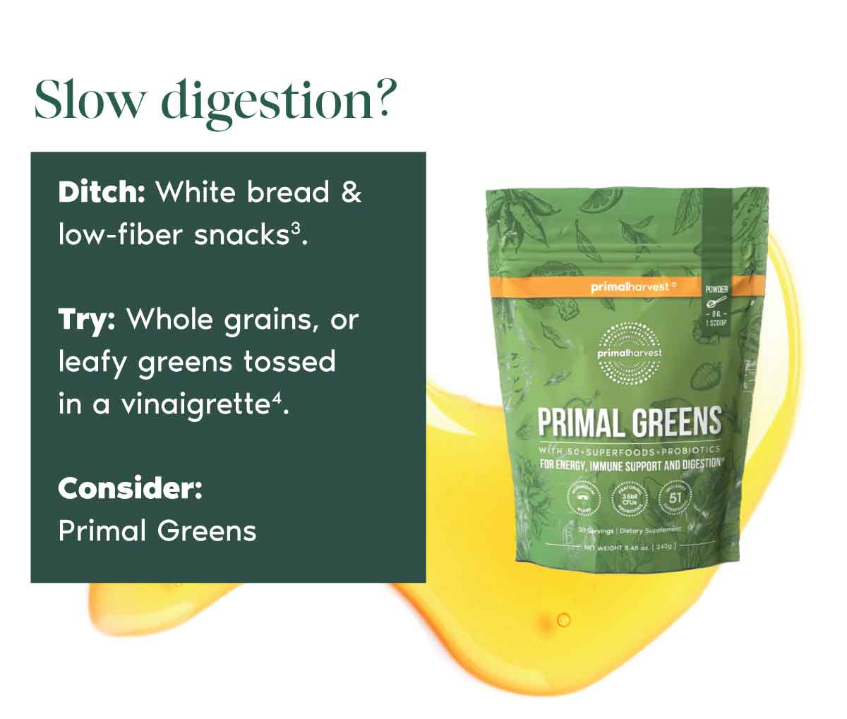Slow digestion? Ditch: White bread & low-fiber snacks3.  Try: Whole grains, or leafy greens tossed in a vinaigrette4.  Consider:  Primal Greens