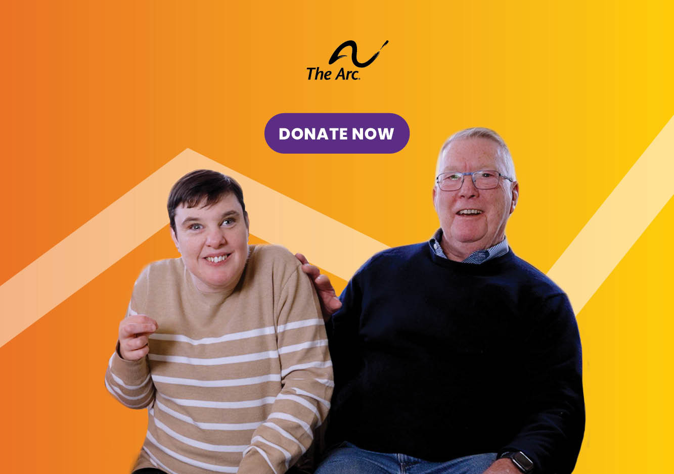 An orange-to-yellow gradient background with a purple button that says “Donate Now.” At the bottom, Julia and her dad, Hal, sit side-by-side. 