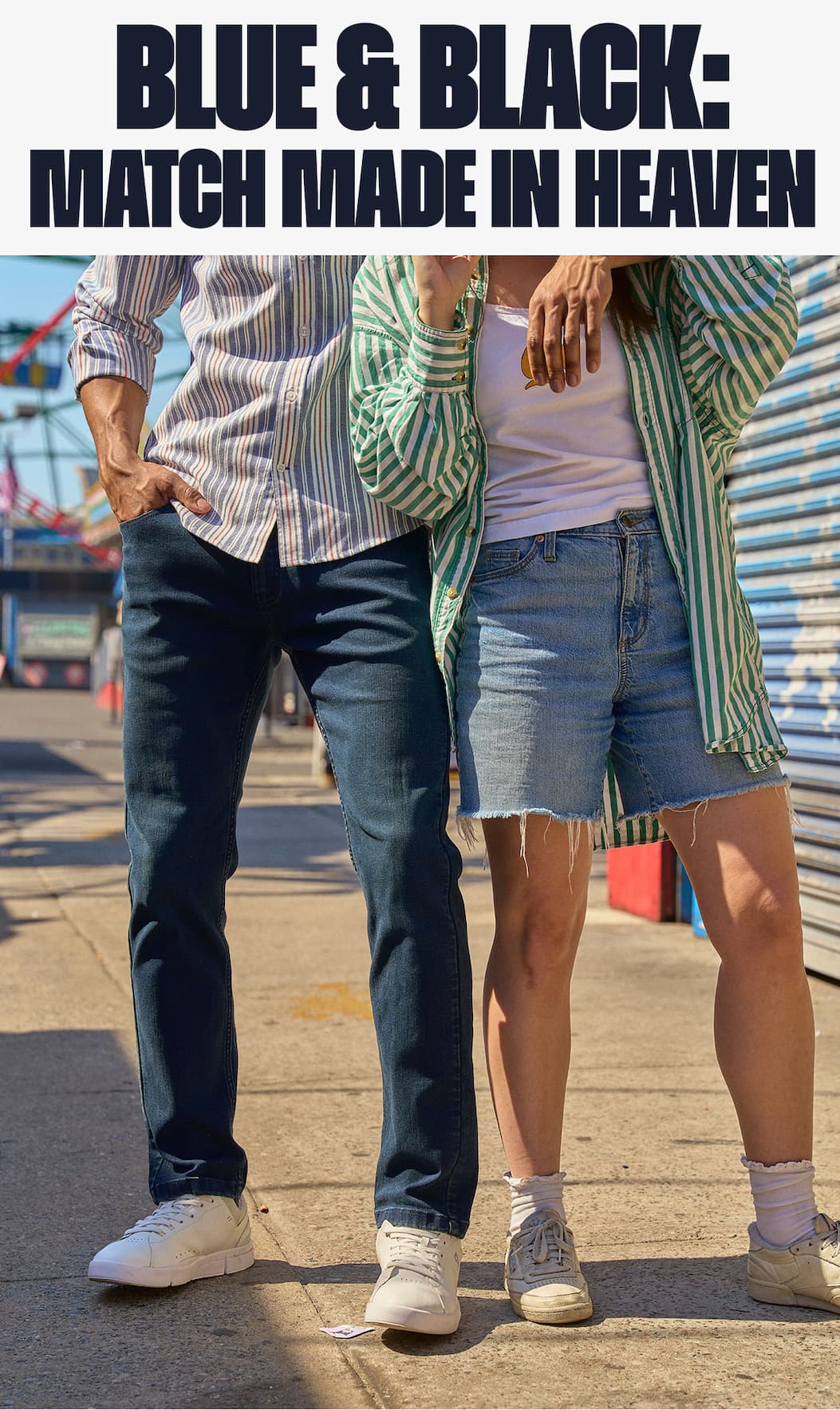 Black and blue match made in heaven. IMG of man in Dylans, arm around woman.