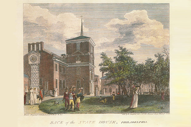 An old postcard depicting the back of the Philadelphia State House in the 1700's.