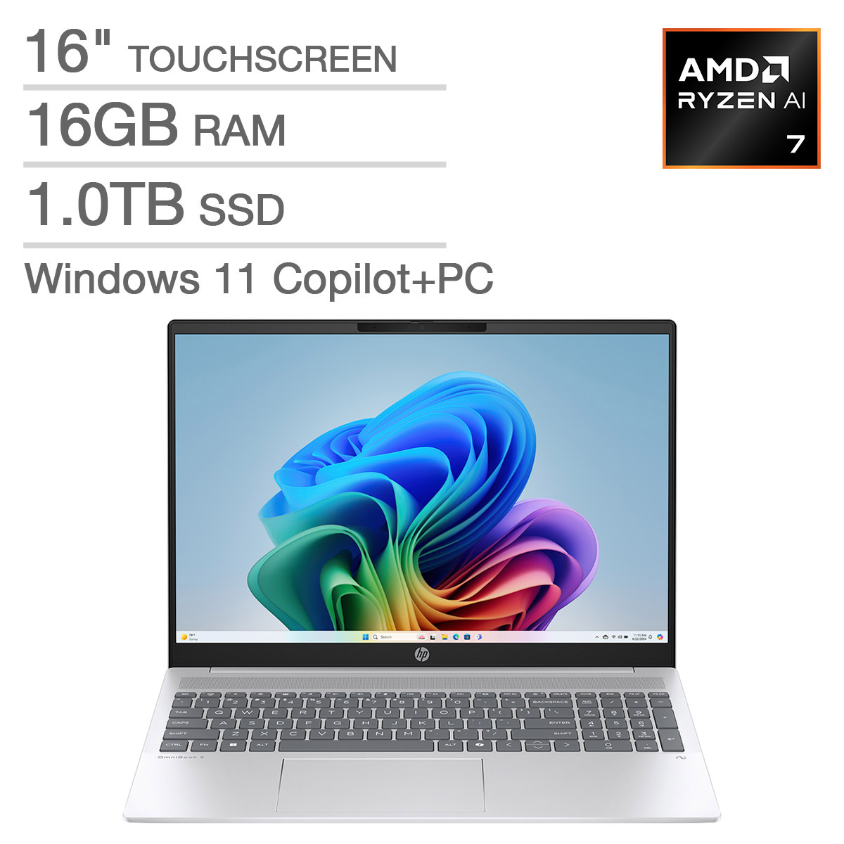 HP Omnibook 5 16-inch AI Laptop with AMD Ryzen AI 7 Processor and CoPilot+ PC