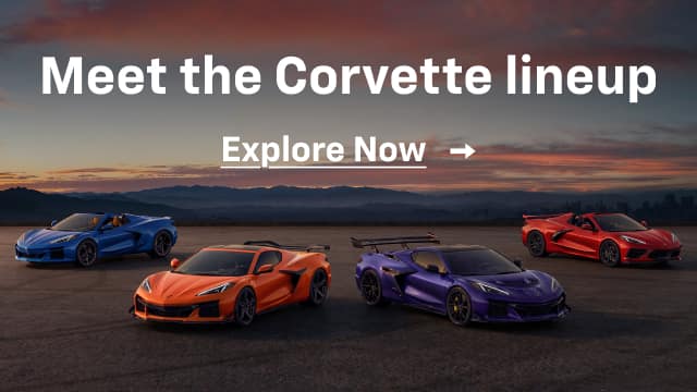 Meet the Corvette lineup. Explore now. Various Corvette’s parked in formation in front of a mountainous landscape at sunset.