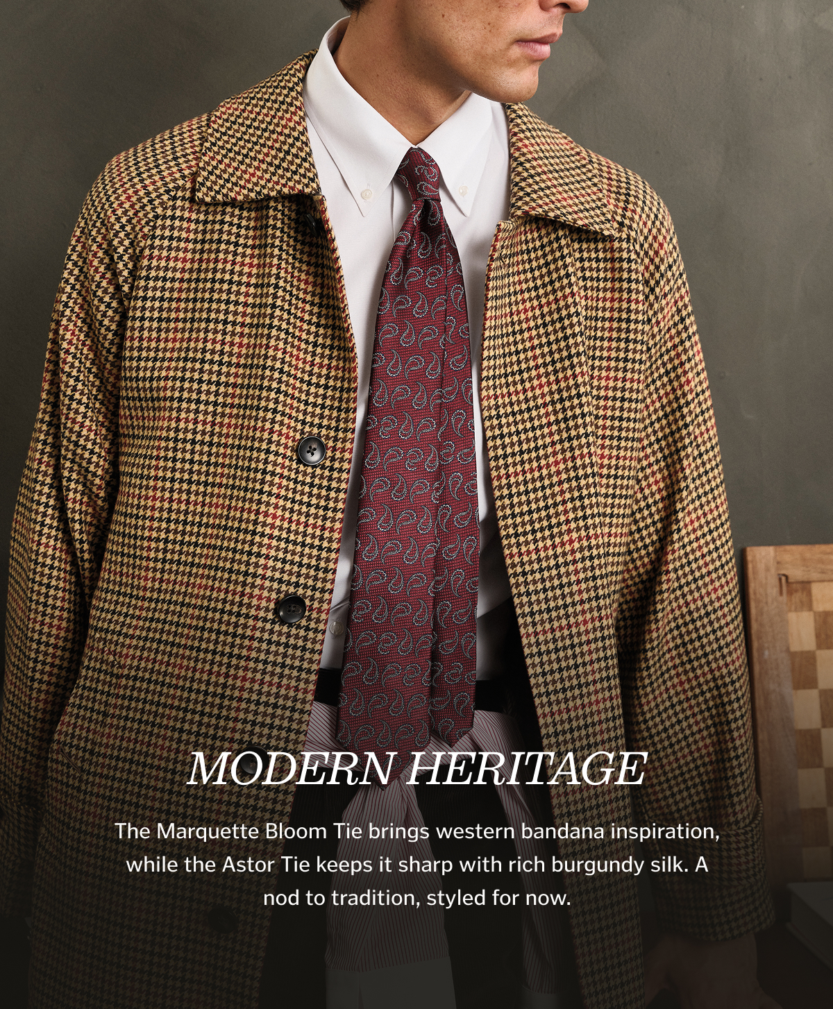 Modern Heritage. The Marquette Bloom Tie brings western bandana inspiration, while the Astor Tie keeps it sharp with rich burgundy silk. A nod to tradition, styled for now.