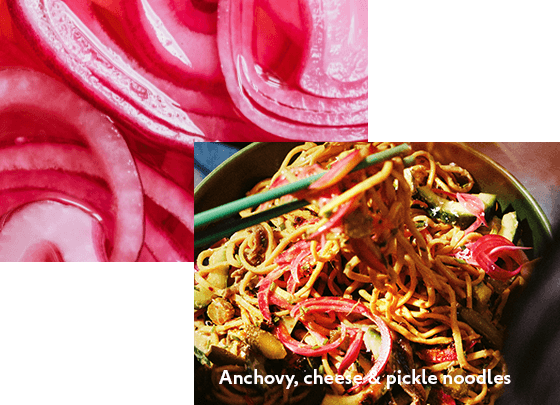 Anchovy, cheese & pickle noodles
