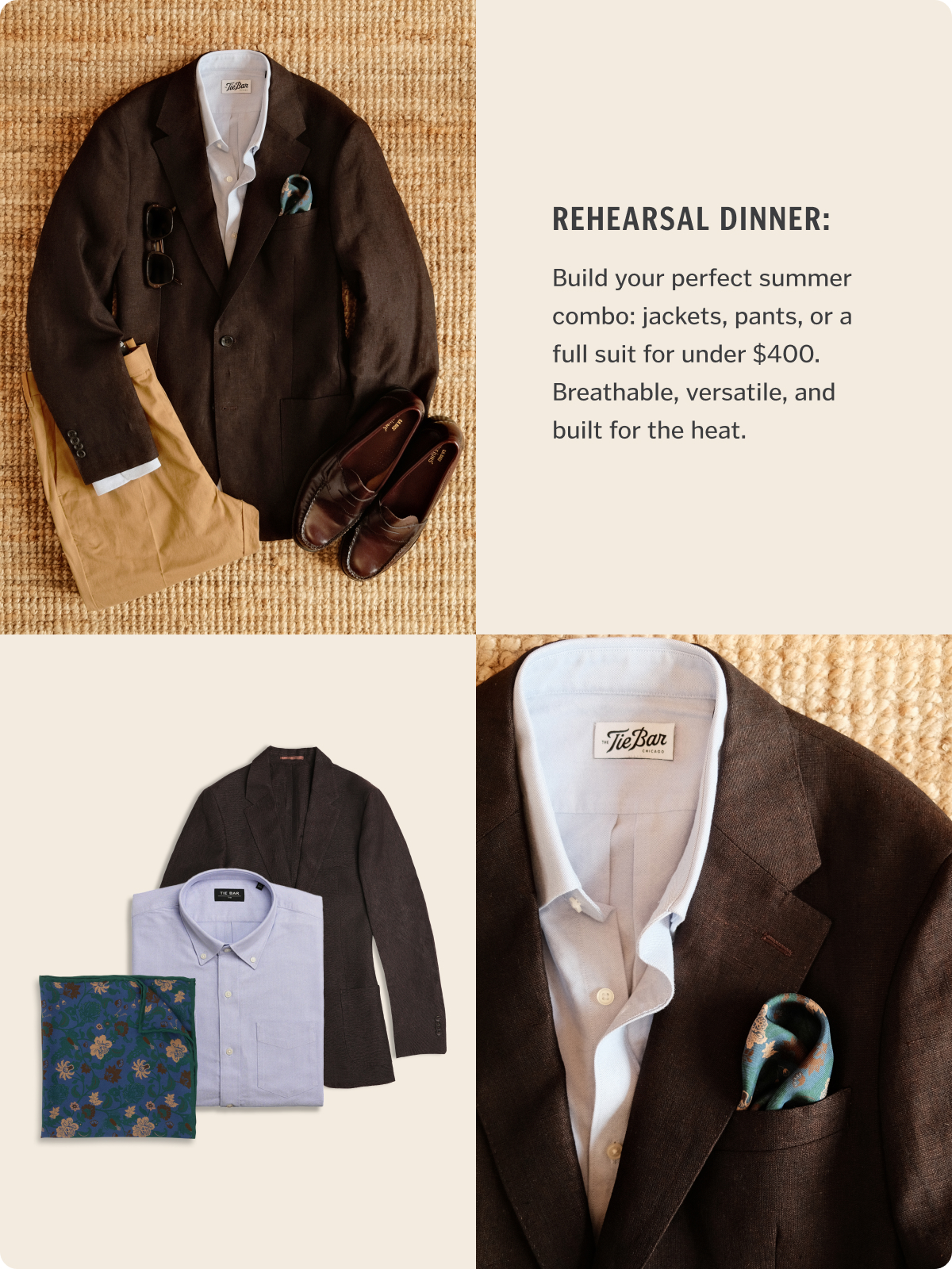 Rehearsal Dinner: A dark brown linen suit + light blue oxford = effortless polish. Add a printed pocket square for bonus charm points.