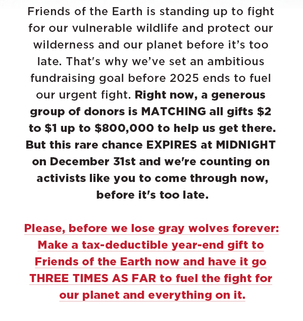 Friends of the Earth is standing up to fight for our vulnerable wildlife and protect our wilderness and our planet before it’s too late. That's why we’ve set an ambitious fundraising goalbefore 2025 ends to fuel our urgent fight. Right now, a generous group of donors is MATCHING all gifts $2 to $1 up to $800,000 to help us get there. But this rare chance EXPIRES at MIDNIGHT on December 31st and we're counting on activists like you to come through now, before it's too late. 

Please, before we lose gray wolves forever: Make a tax-deductible year-end gift to Friends of the Earth now and have it go THREE TIMES AS FAR to fuel the fight for our planet and everything on it. 