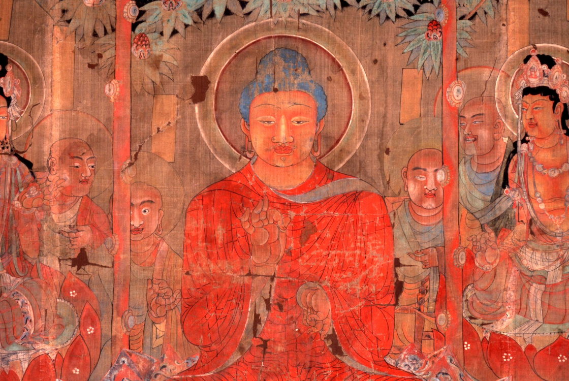 Silk watercolour painting of the Buddha.