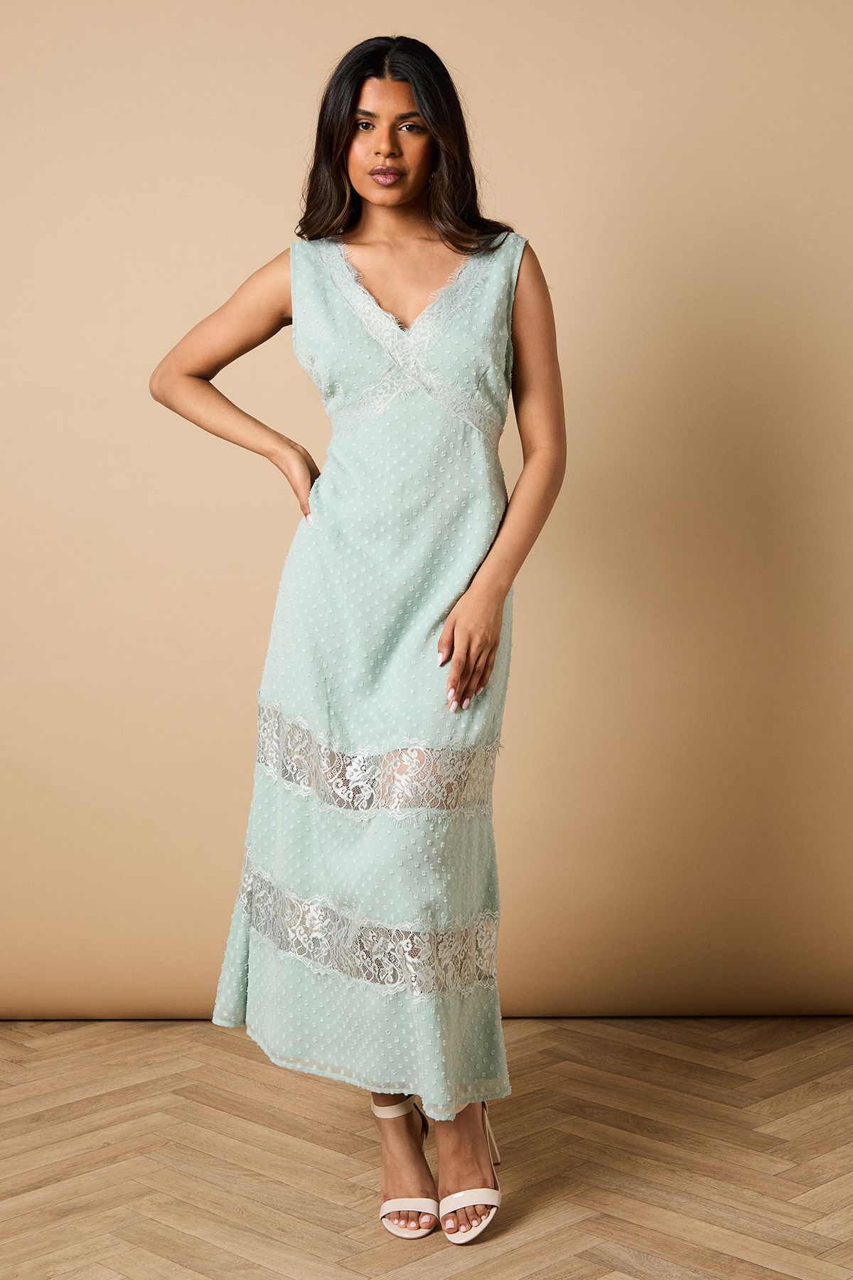 Petite Dobby Chiffon Lace Insert Midi Dress