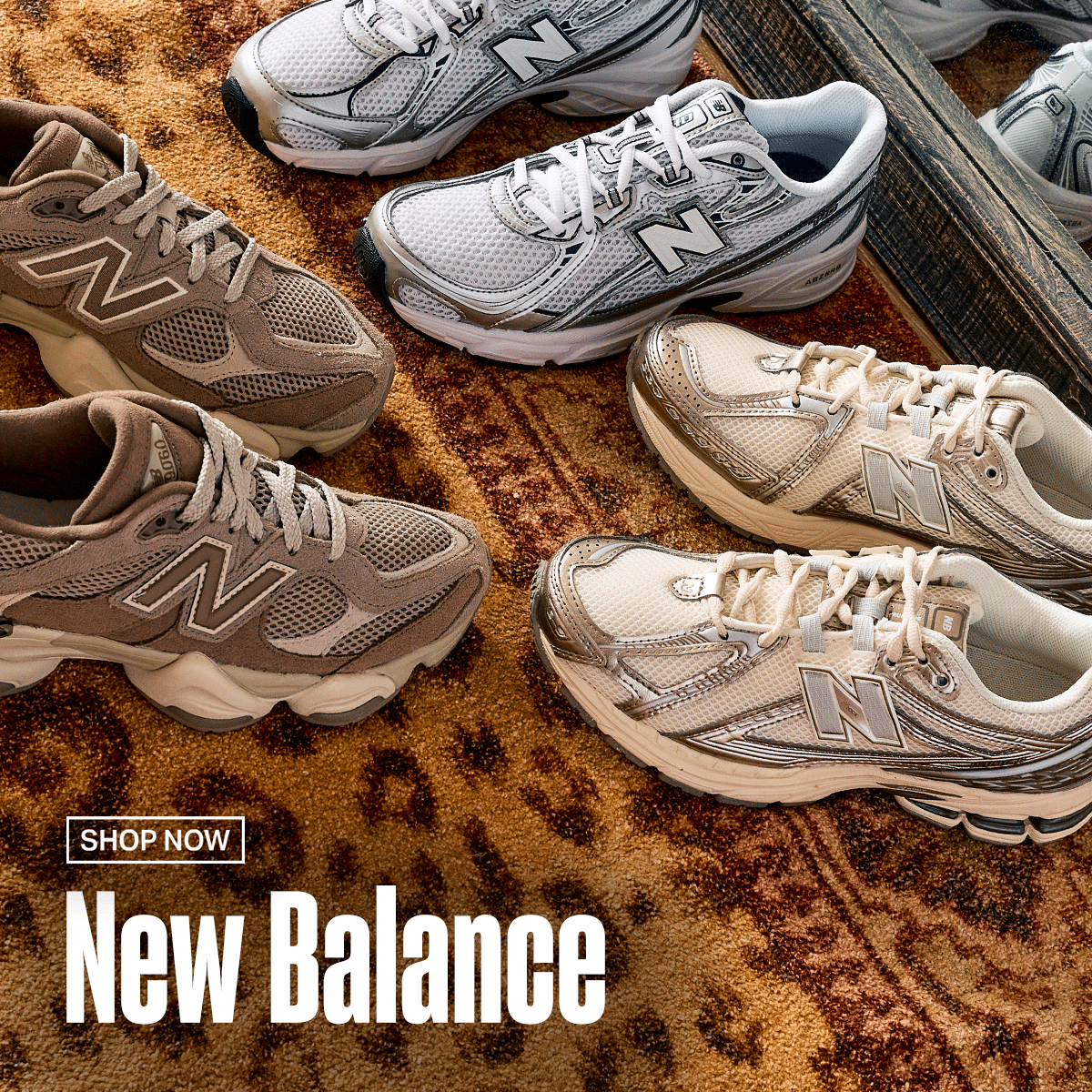 An image of a pair of New Balance 9060 trainers, a pair of New Balance 1906R trainers and a pair of New Balance 740 trainers alongside the text 'New Balance, newness. Shop Now'