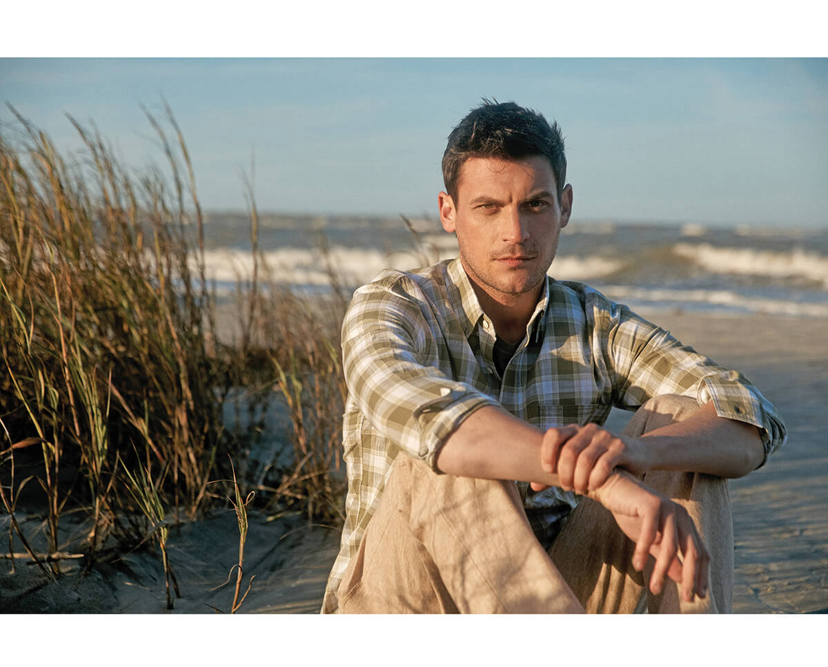 Model wears the Billy Reid Tuscumbia Shirt