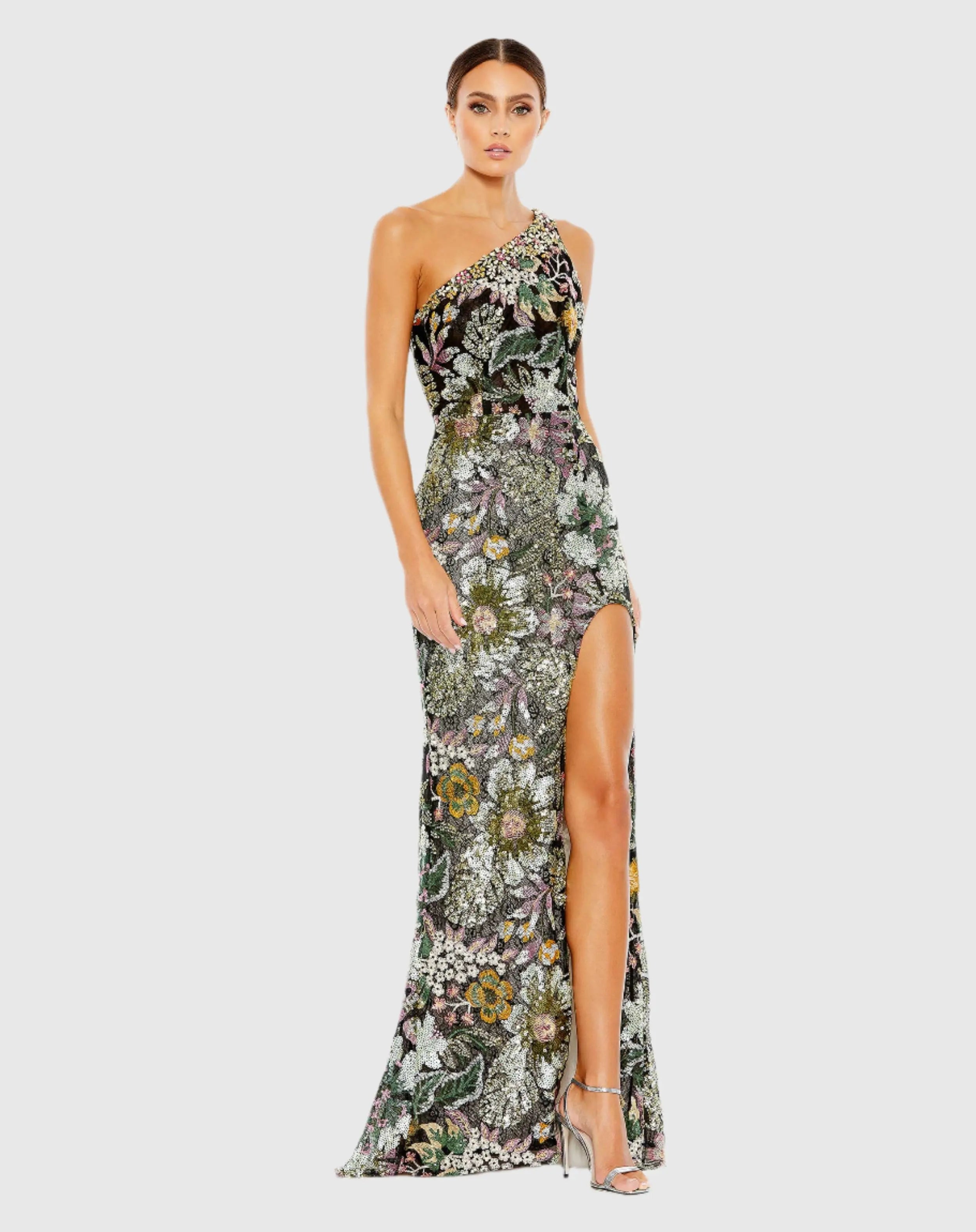 Image of Black Floral Sequined Embroidered One Shoulder Trumpet Gown