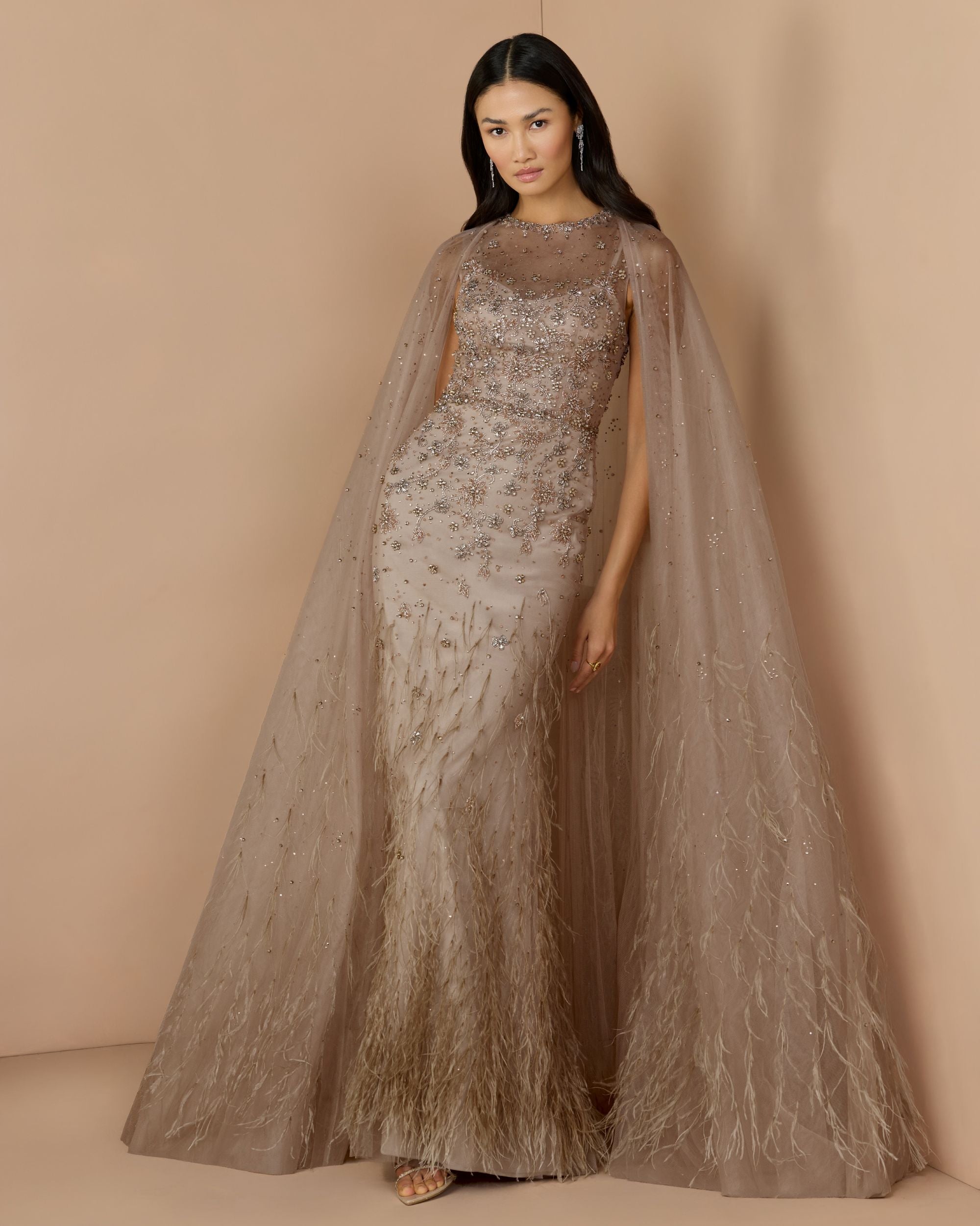 Image of Beige Crystal Embellished Cape Gown with Feathers