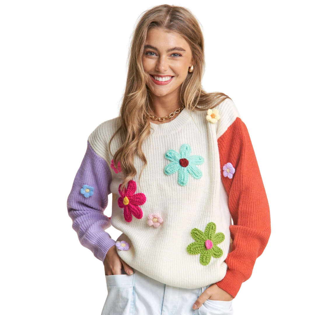 Image of Crochet Floral Color-Block Knit Sweater