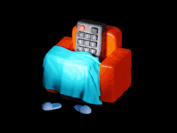 Animation of a remote control on a couch watching TV.