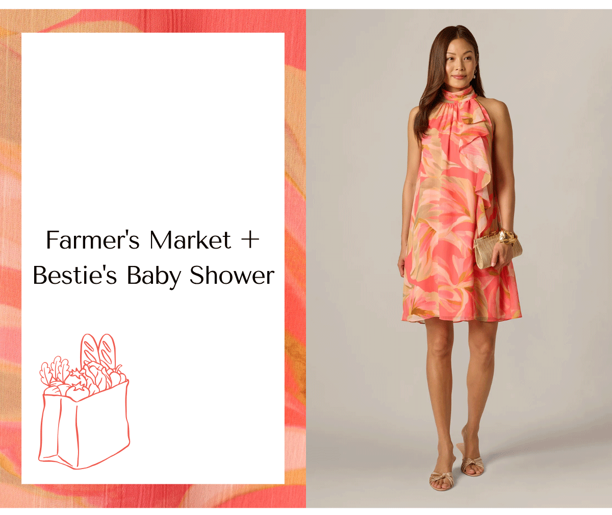 Draped Petal Floral Short Trapeze Dress In Coral Multi