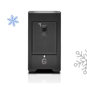 A black G-Technology external hard drive with cooling vents, flanked by snowflake icons.