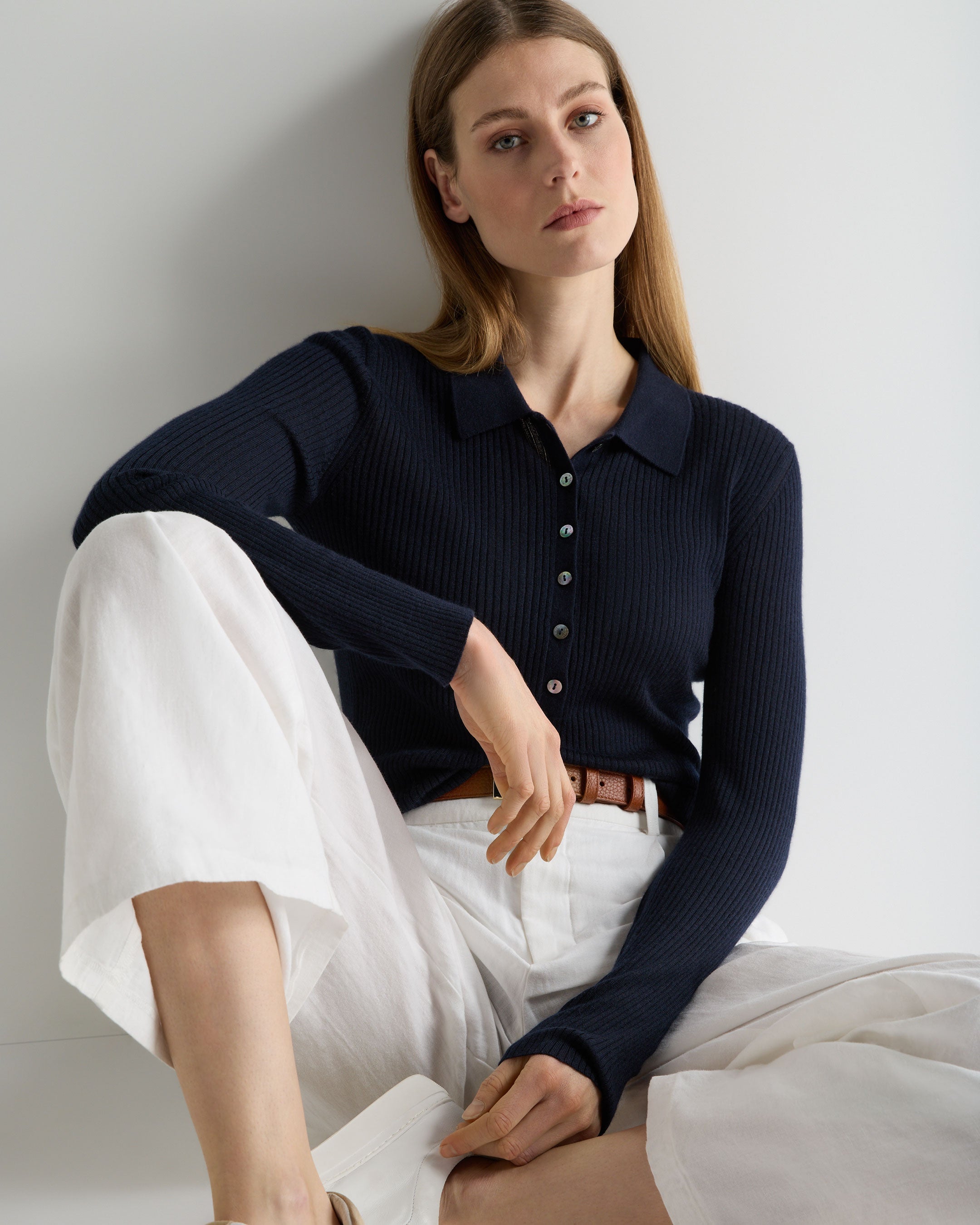 Image of Women's Superfine Cashmere Ribbed Polo Top Navy Blue