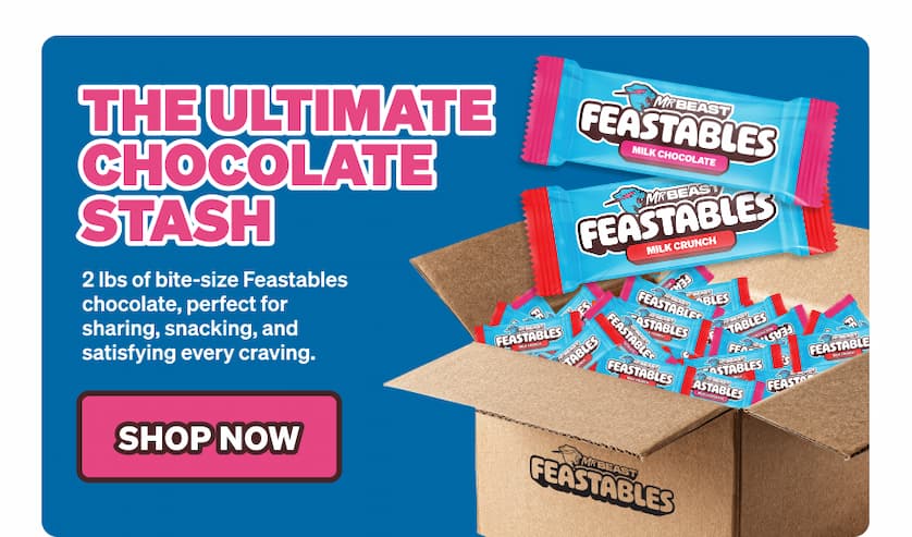 THE ULTIMATE CHOCOLATE STASH! 2lbs of bite-size Feastables chocolate, perfect for sharing, snacking, and satisfying every craving.  Shop chocolate now!