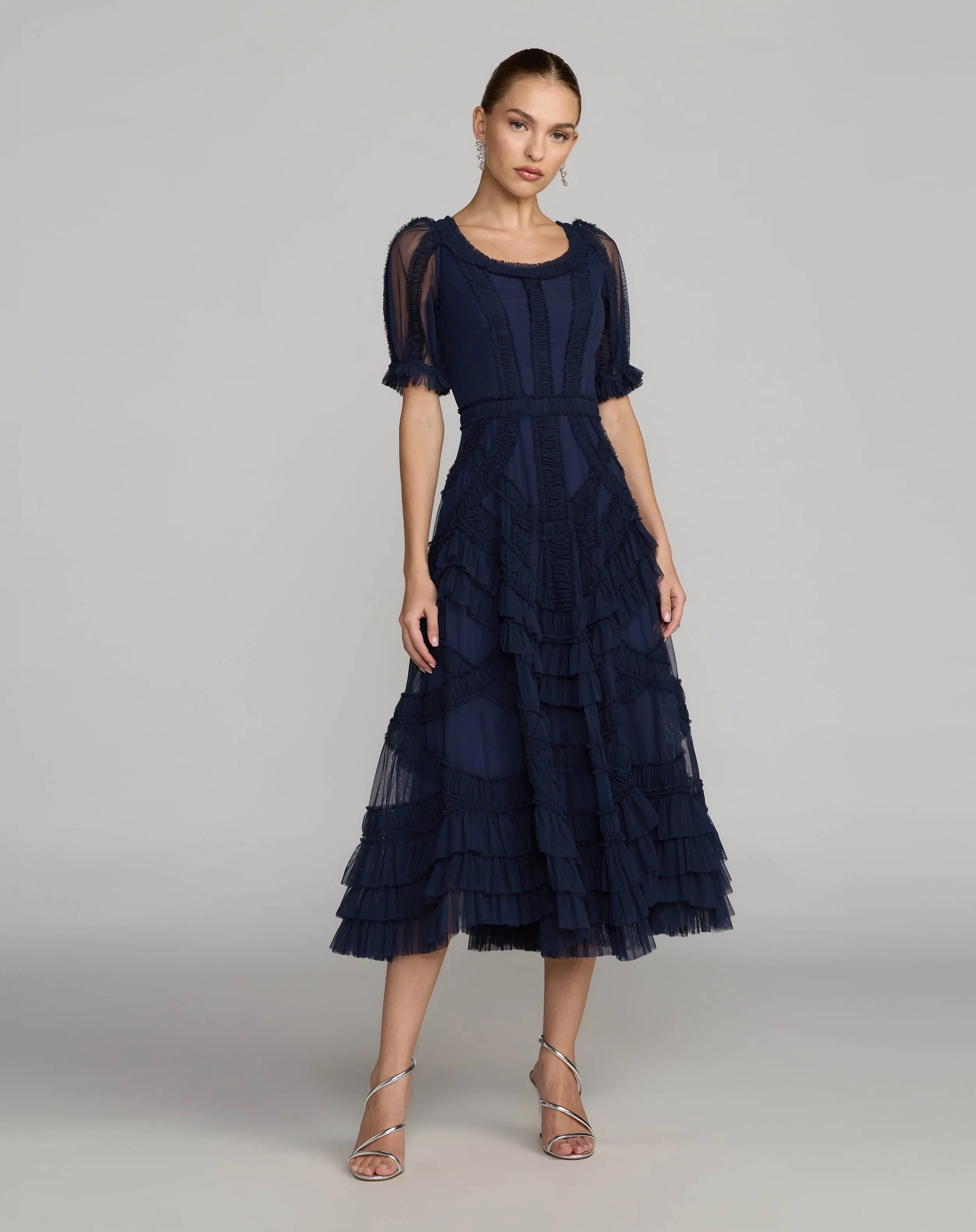 Image of Navy Short Sleeve Micro Ruffle Midi Dress