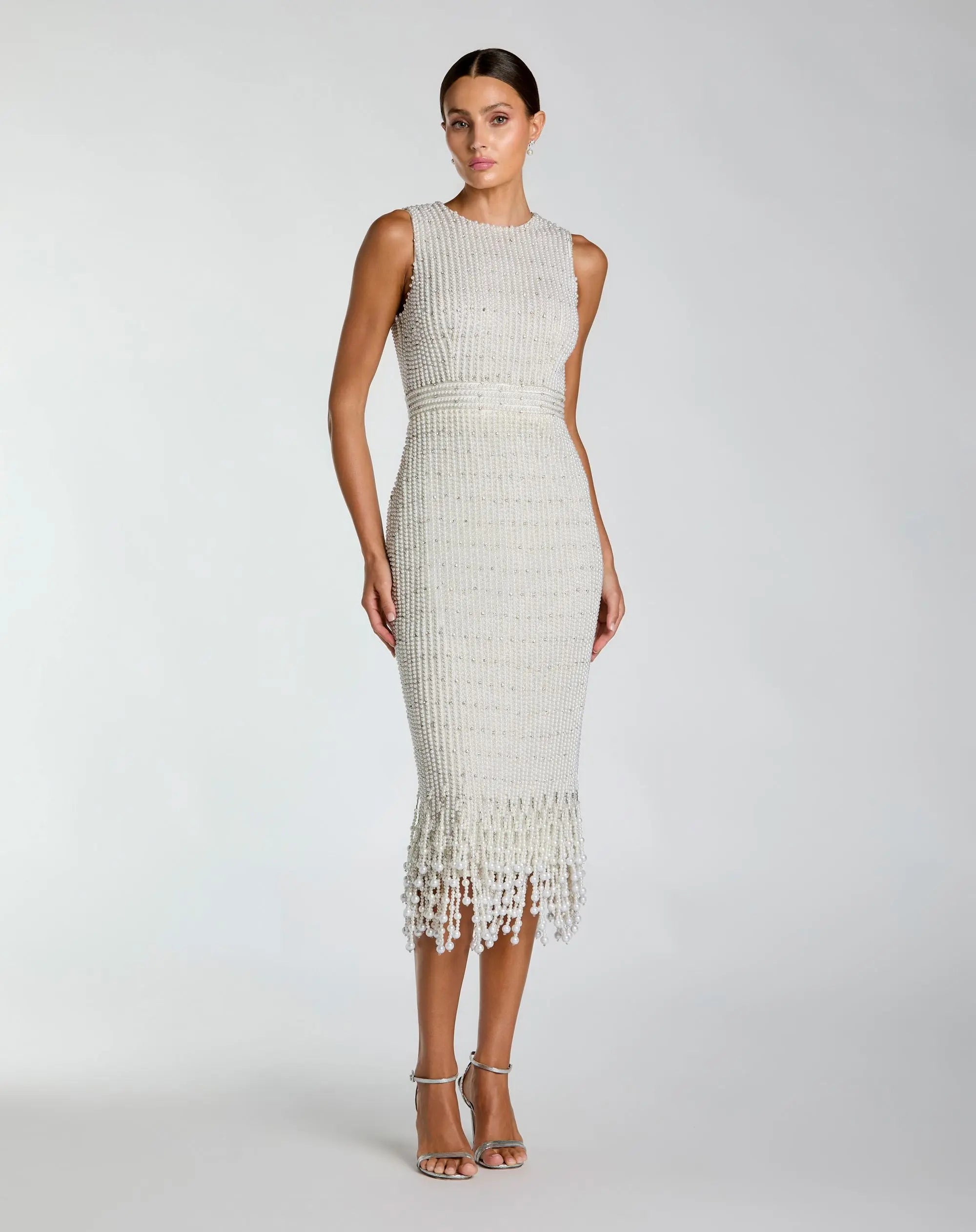 Image of White Pearl Embellished Sleeveless Midi Dress