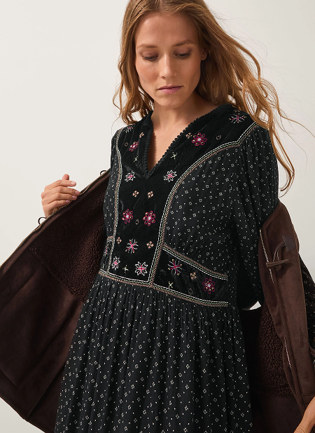 Zoie Embroidered Print Midi Dress Black