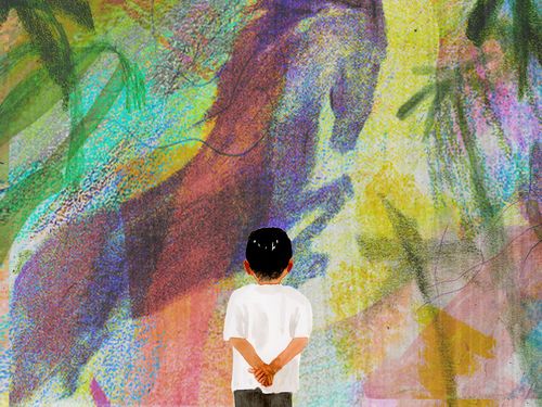 Boy, palm trees, horse, art exhibit
