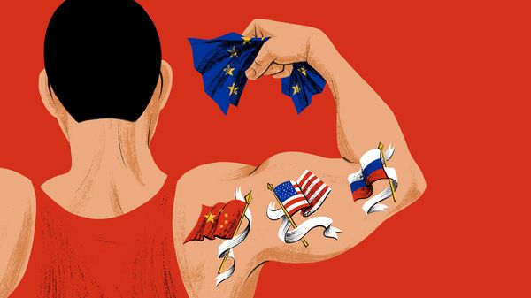 Illustration of a man flexing his bicep, on his arm he has tattoos of the flags of China, the US and Russia, in his hand he has scrunched up a European Union flag