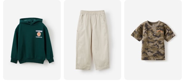 Three clothing items displayed: dark green hoodie, beige wide-leg pants, and camouflage t-shirt