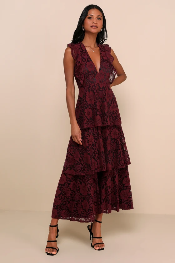 Image of Molinetto Burgundy Lace Ruffled Tiered Sleeveless Maxi Dress