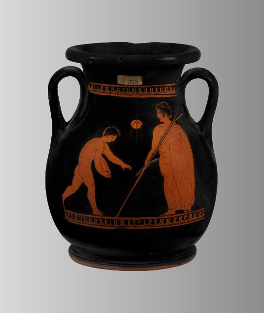Red-figured Greek storage-jar featuring a discobolos.