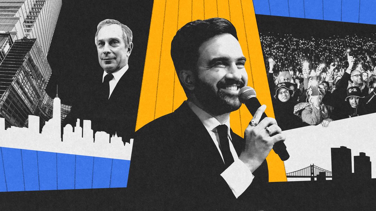 Zohran Mamdani, Michael Bloomberg, NYC, skyline, crowds, microphone, skyscrapers, spotlight