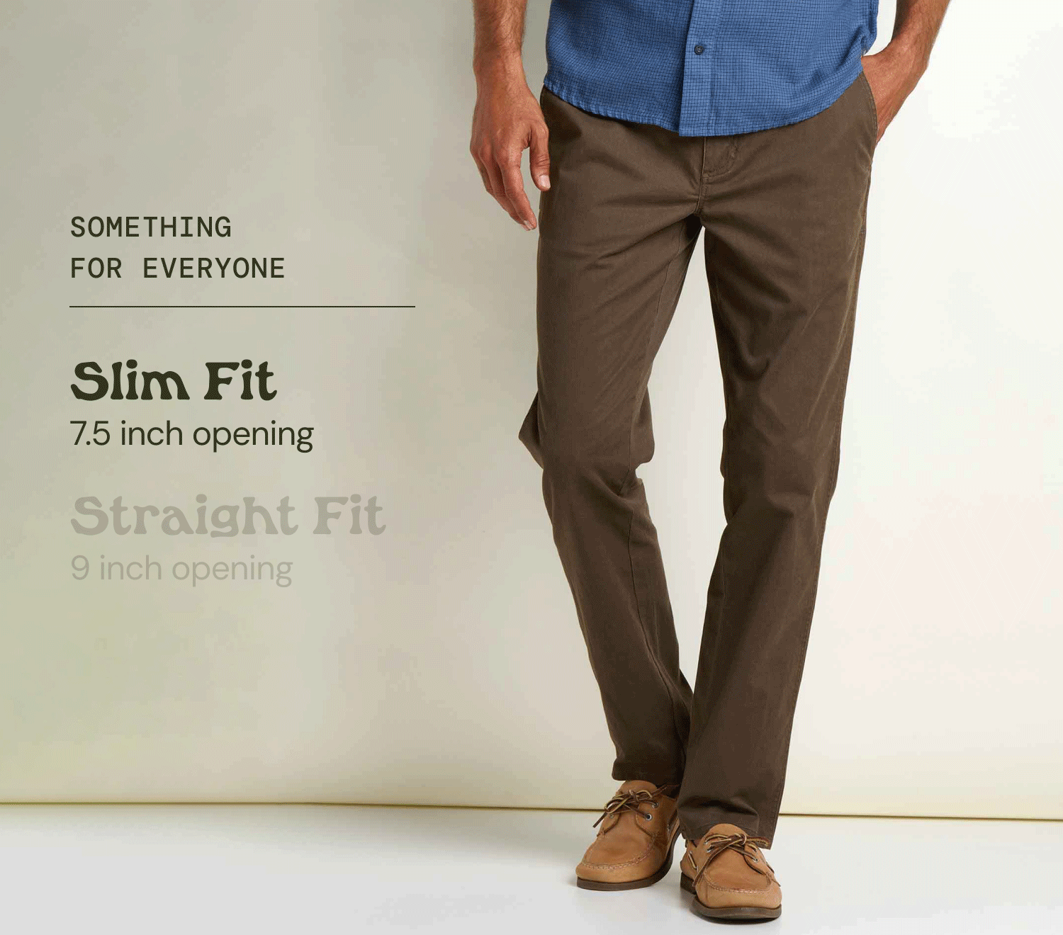 an image of a man in a blue shirt and brown mission ridge pants. Features two fits the Slim and Straight