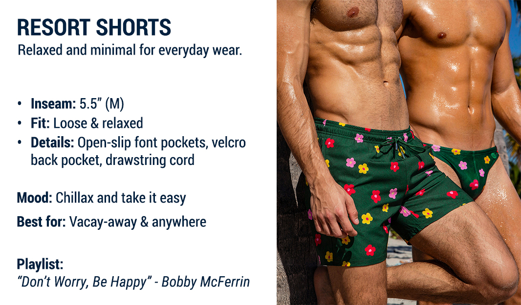 DC2 Shorts Fit Guide — Buy Myself Flowers Resort Shorts featuring relaxed 5.5-inch inseam and vibrant floral print.