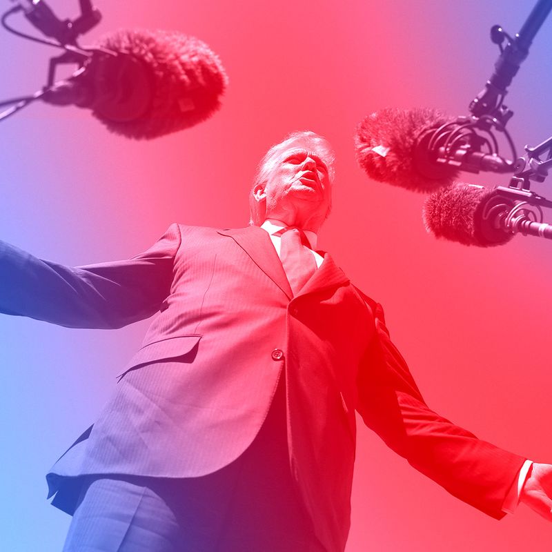 Donald Trump speaks into microphones with his arms outstretched.