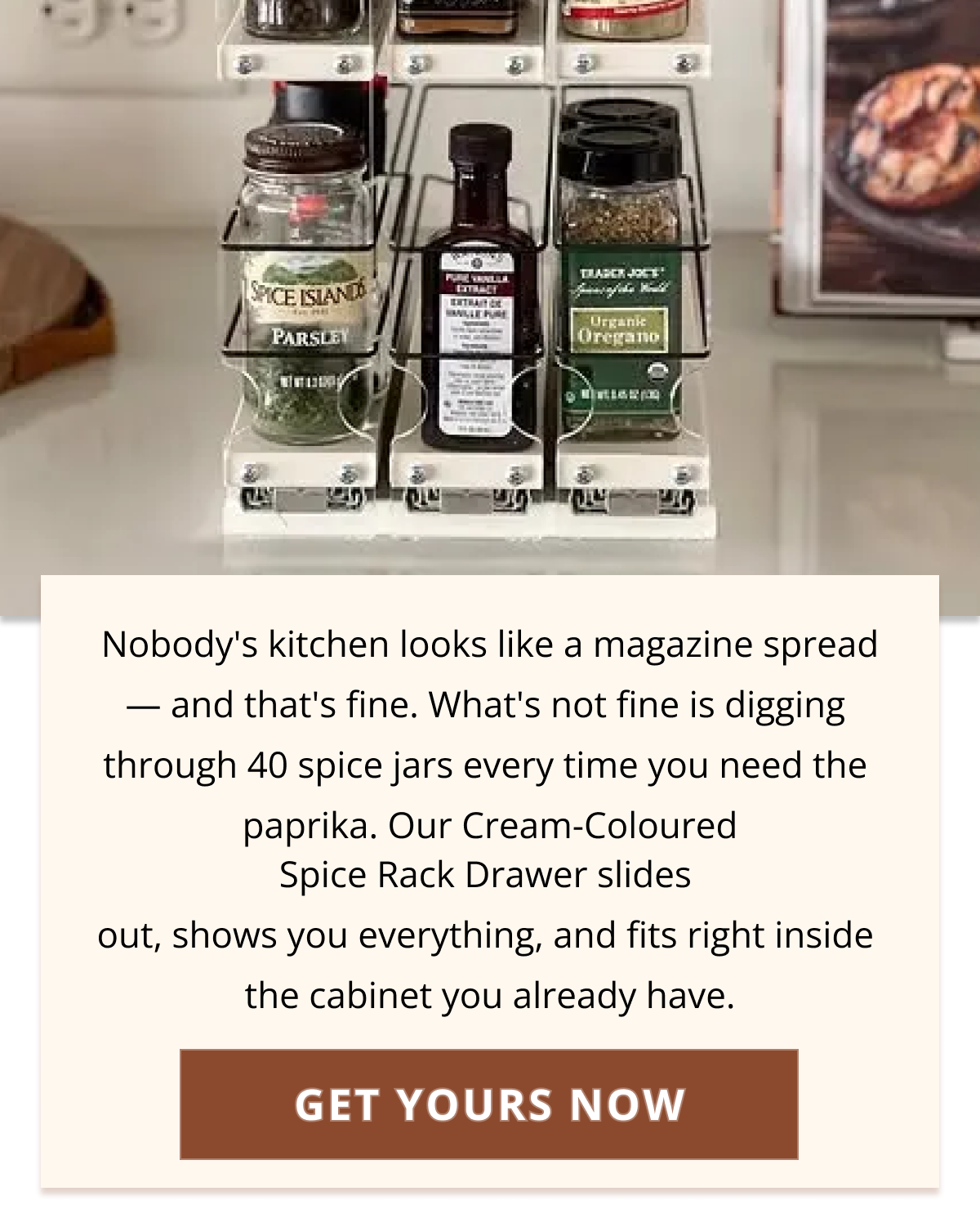 spice rack drawer organizer sliding out from cabinet showing full visibility of spices for clutter-free kitchen