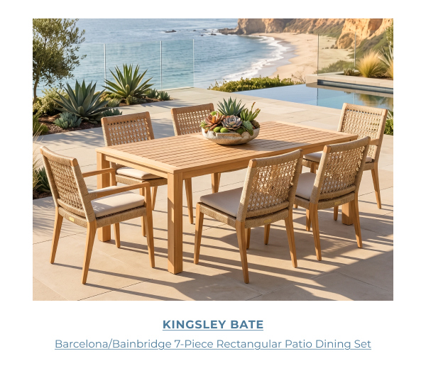 Kingsley Bate Barcelona Bainbridge 7-Piece Patio Dining Set on a coastal terrace