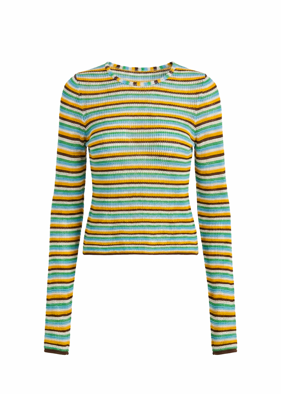 flat image of a open knit mutli colored stripe long sleeve top