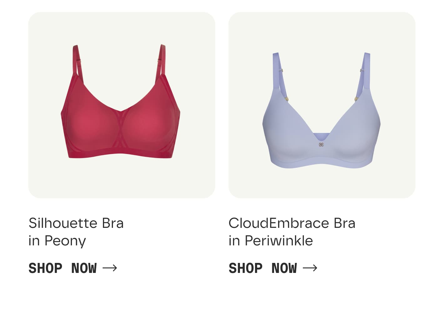 Silhouette Bra in Peony | SHOP NOW | CloudEmbrace Bra in Periwinkle | SHOP NOW