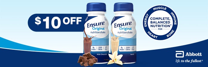 ensure nutrion shakes, $10 OFF, complete balanced nutrition for heart, energy, muscle, immune, bone, abbot life to the fullest®