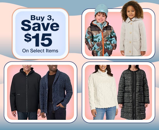 Buy 3, save $15 on select apparel
