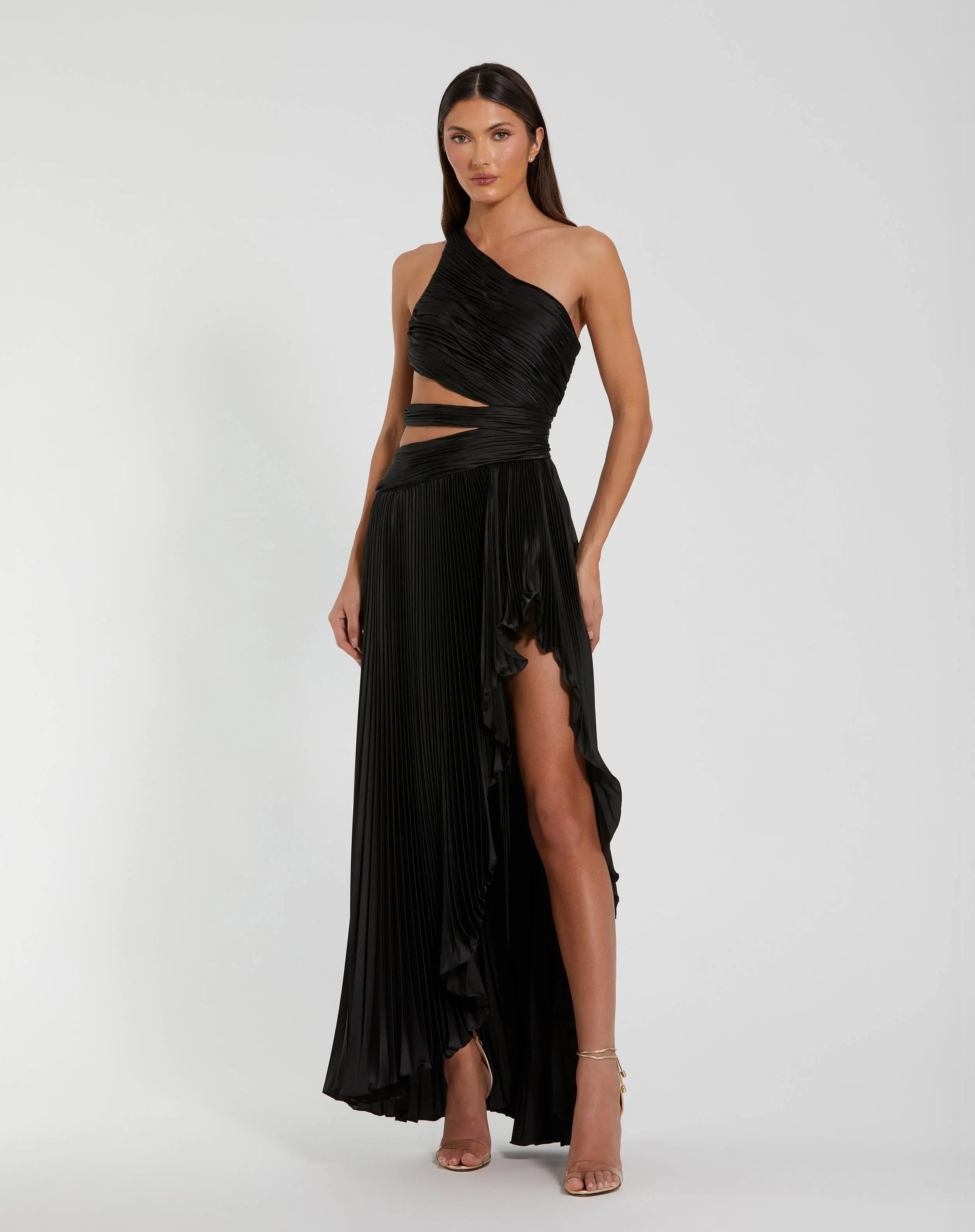 Image of Black One Shoulder Pleated Charmeuse Gown with Slit