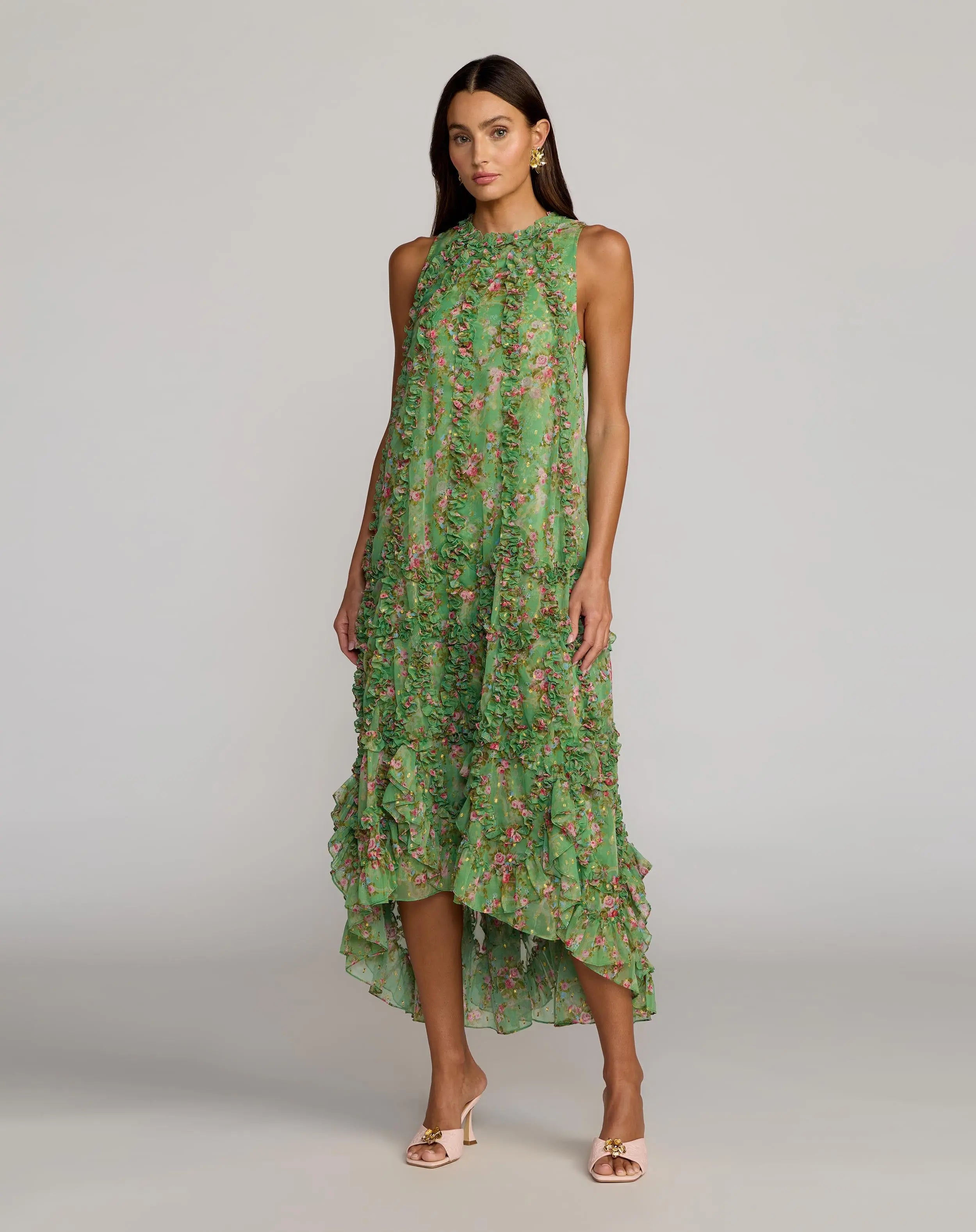 Image of Green Sleeveless Floral Chiffon Micro Ruffle Trapeze Midi Dress