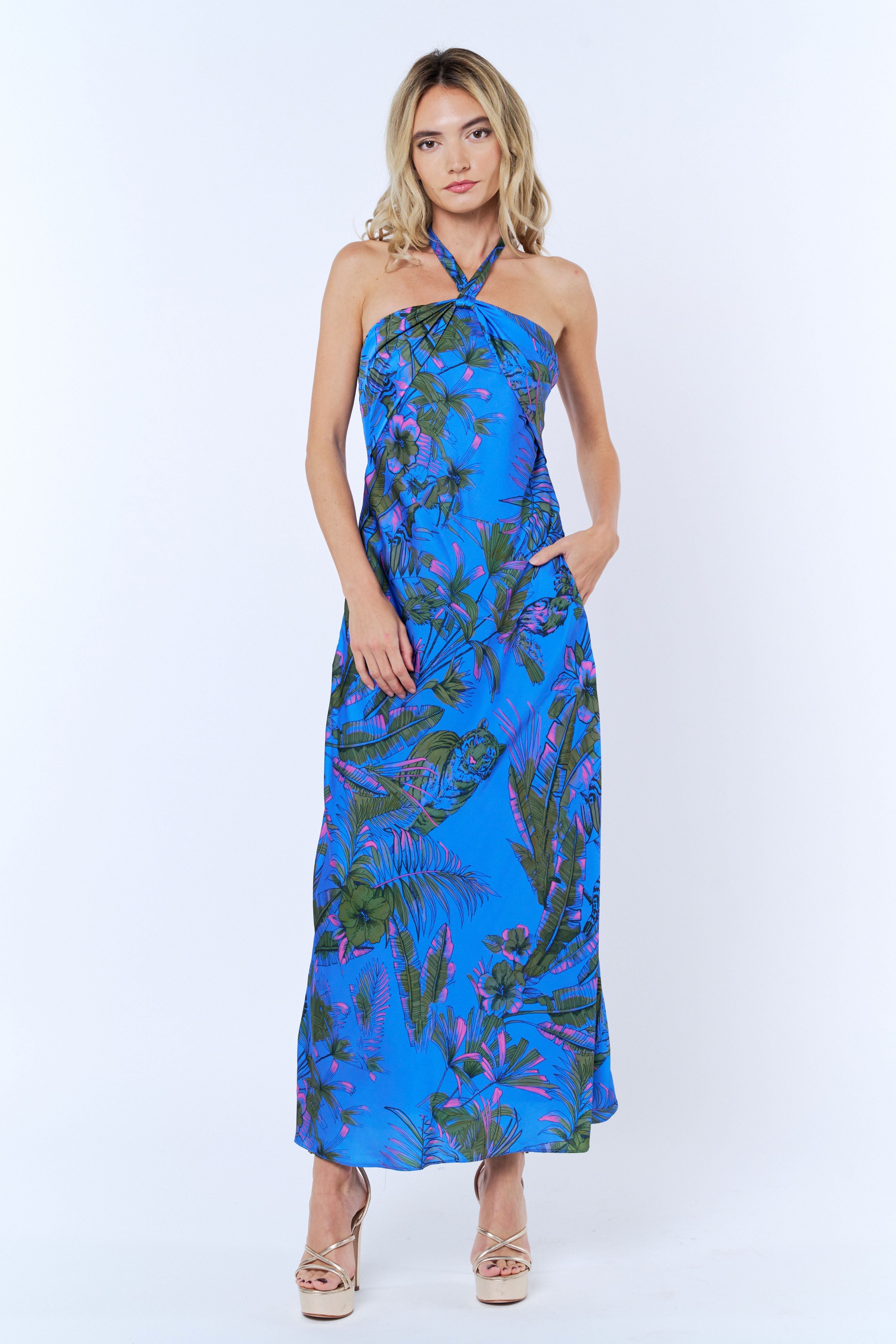 Image of Rune Tropical Print Halter Maxi Dress