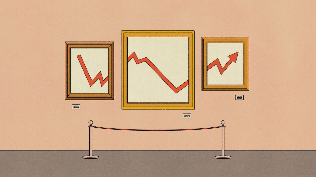 Three framed artworks show different sections of the same red line graph displayed like art in a gallery.