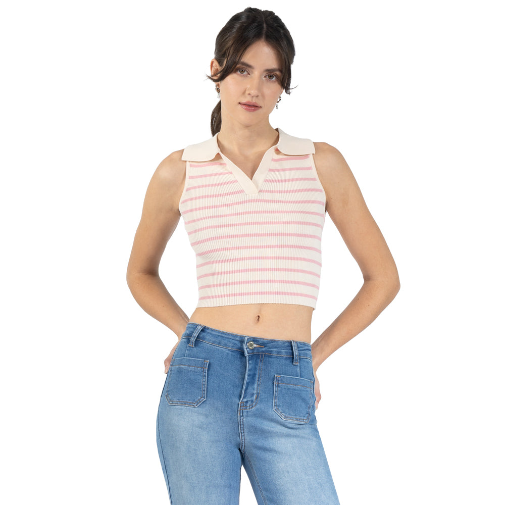 Playera a Rayas Tejida con Cuello Polo y Manga Corta-DURAZNO / L
