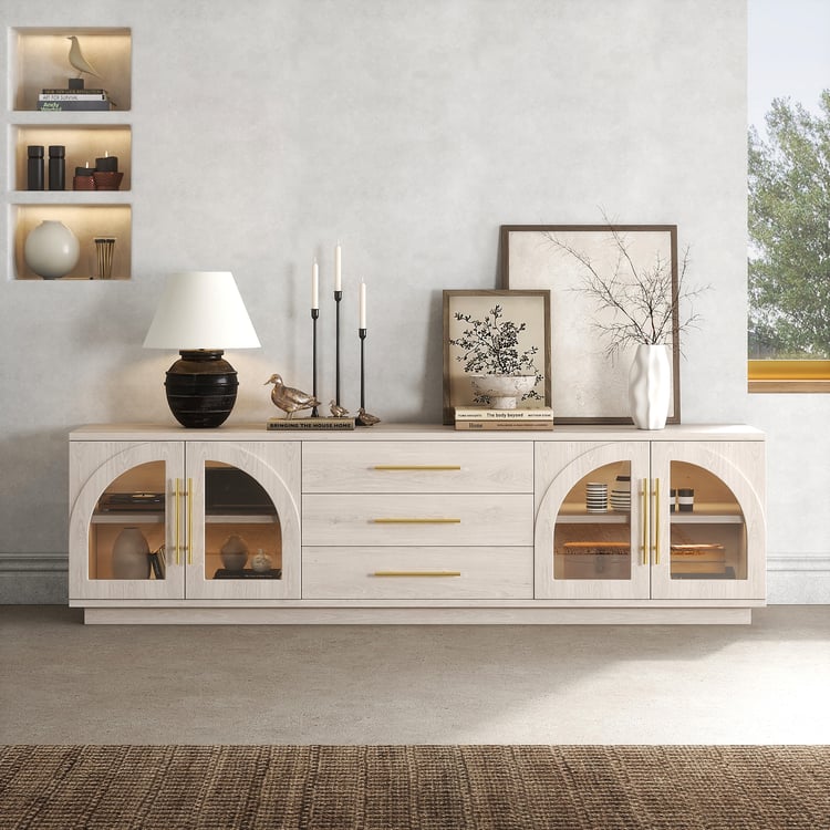 Arune 72" Arched Glass Doors TV Stand with Storage and LED｜Homary