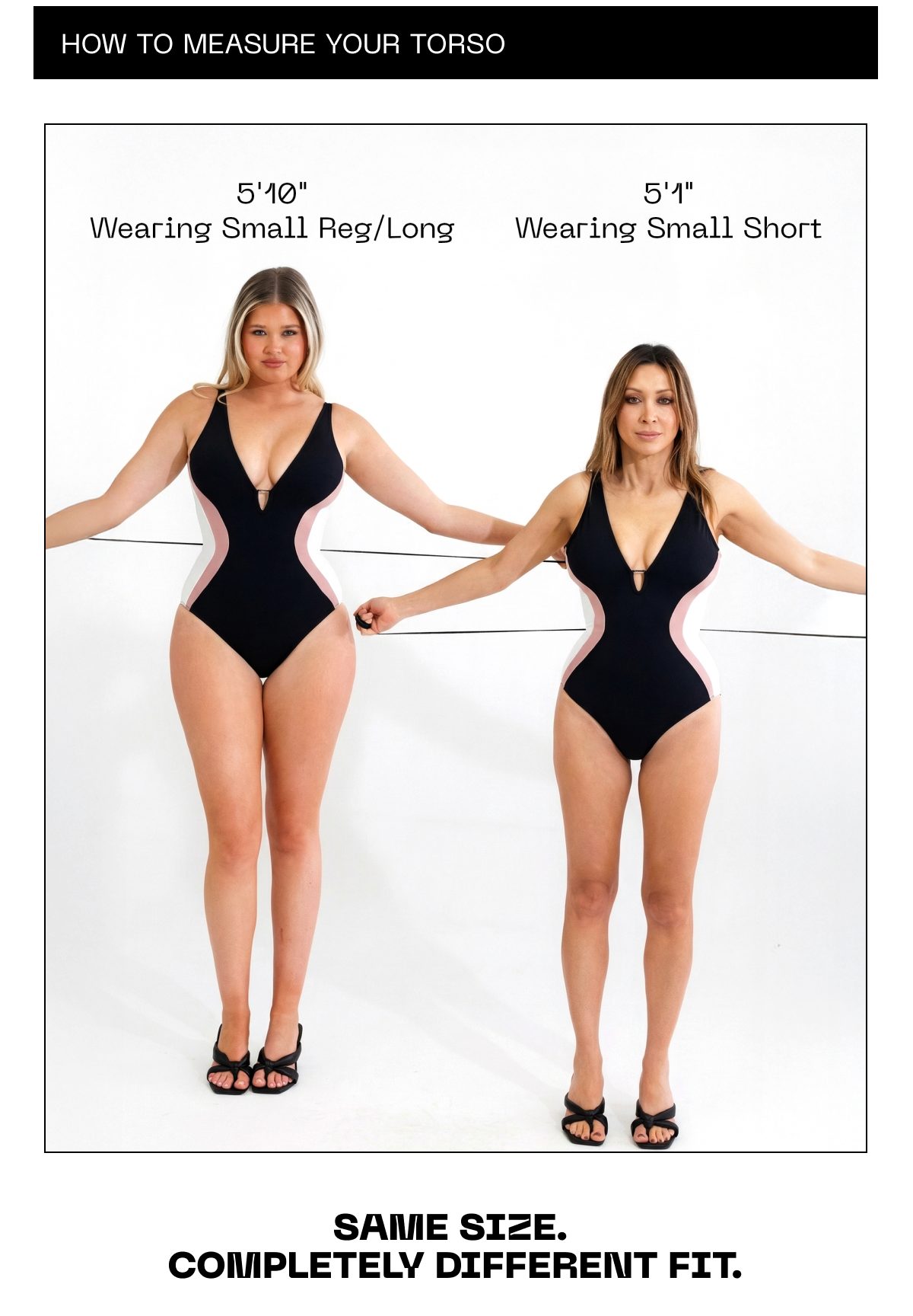 Two women in swimsuits showing different fits for the same size, with height and fit details.