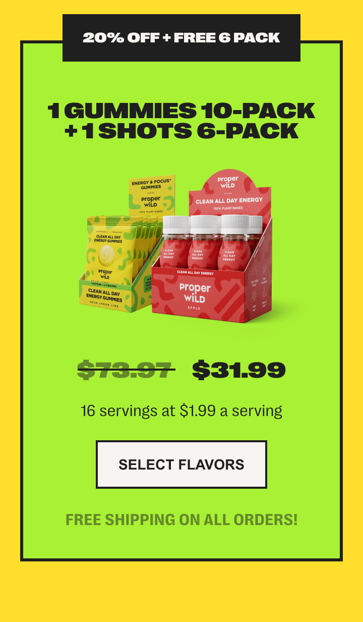 20% off + free 6 pack /// 1 gummies 10-pack + 1 shots 6-pack /// was $73.97, now $31.99 - 16 servings at $1.99 a serving - select flavors /// free shipping on all orders!