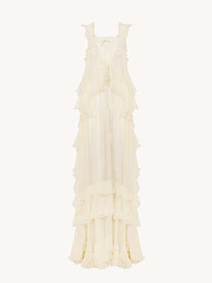 Sleeveless layered long dress in silk mousseline & lace