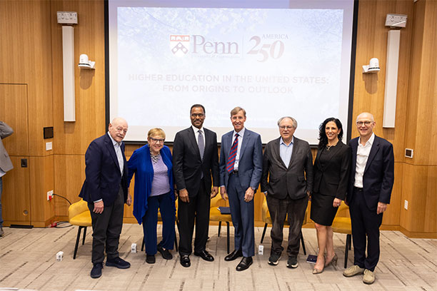 (From left) Mark Yudof, former president of the University of California and the University of Minnesota; Elaine Maimon, former president of Governors State University; John Silvanus Wilson, former president of Morehouse College and current director of Penn’s McGraw Center for Educational Leadership; Penn President J. Larry Jameson; Nicholas Lemann, former dean of Columbia University’s Graduate School of Journalism; Katharine Strunk, dean of Penn’s Graduate School of Education; and Ezekiel Emanuel, Penn’s vice provost for global initiatives.